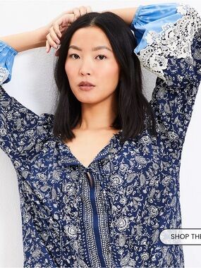 NWOT LOFT Navy Paisley Tie-Front Blouse w/Balloon Sleeves Cream Lace& Blue Cuffs